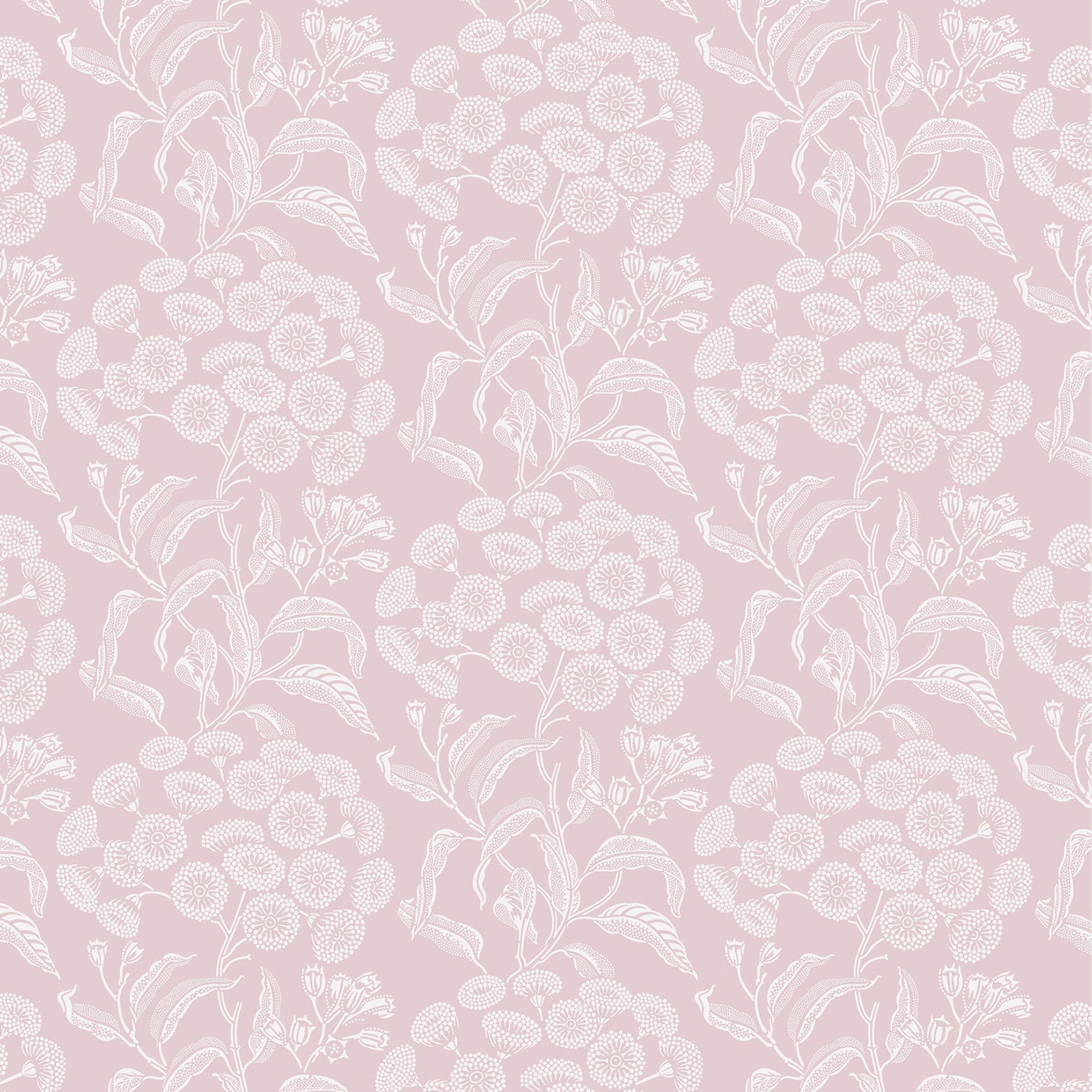 Wallpaper pattern with a detailed floral pattern in white on pink.