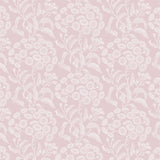 Wallpaper pattern with a detailed floral pattern in white on pink.