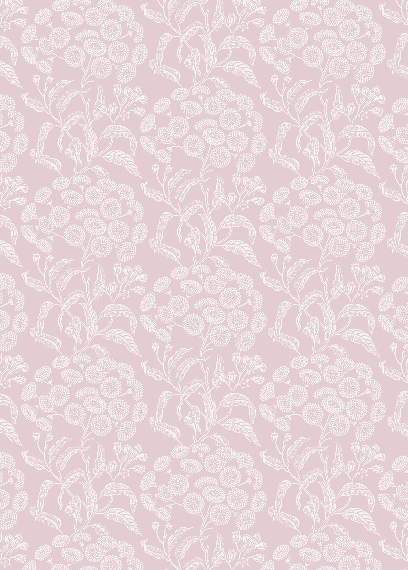 Wallpaper pattern with a detailed floral pattern in white on pink.