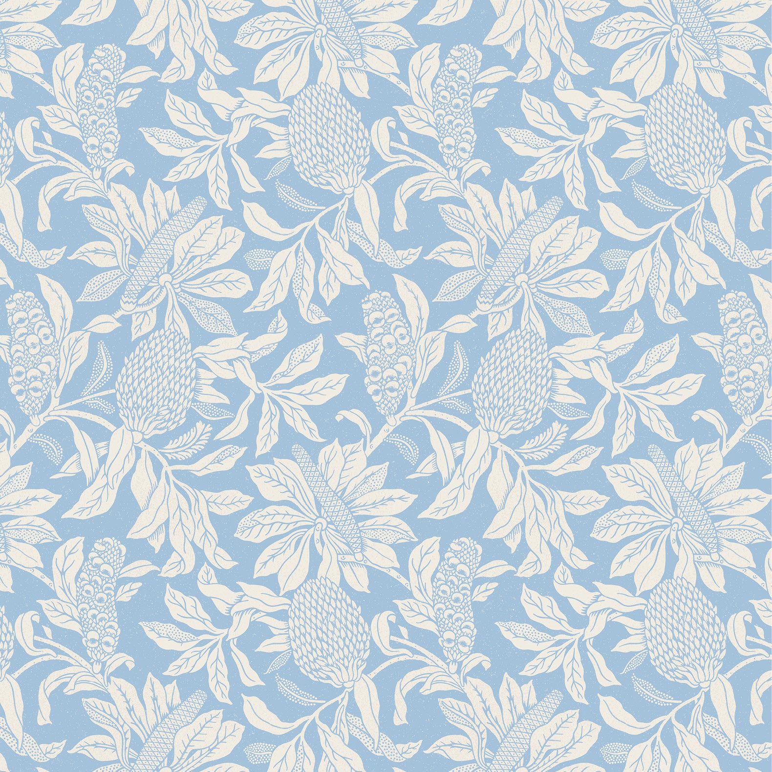 Wallpaper pattern with a detailed floral pattern in cream on sky blue