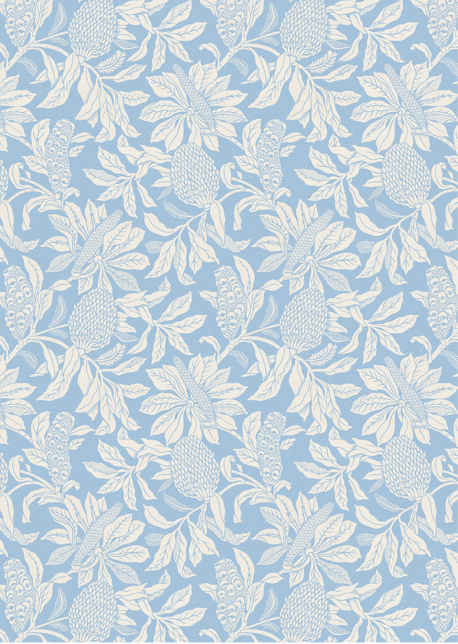 Wallpaper pattern with a detailed floral pattern in cream on sky blue