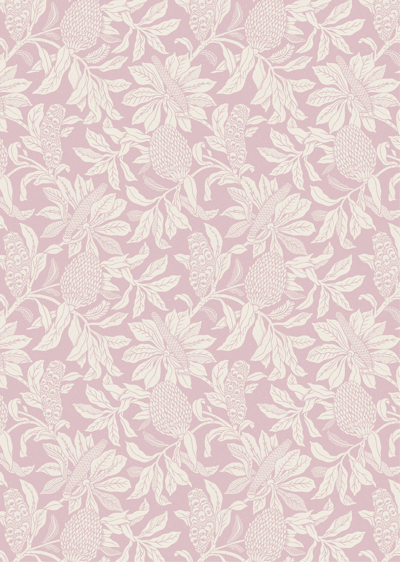 Wallpaper pattern with a detailed floral pattern in cream on mauve