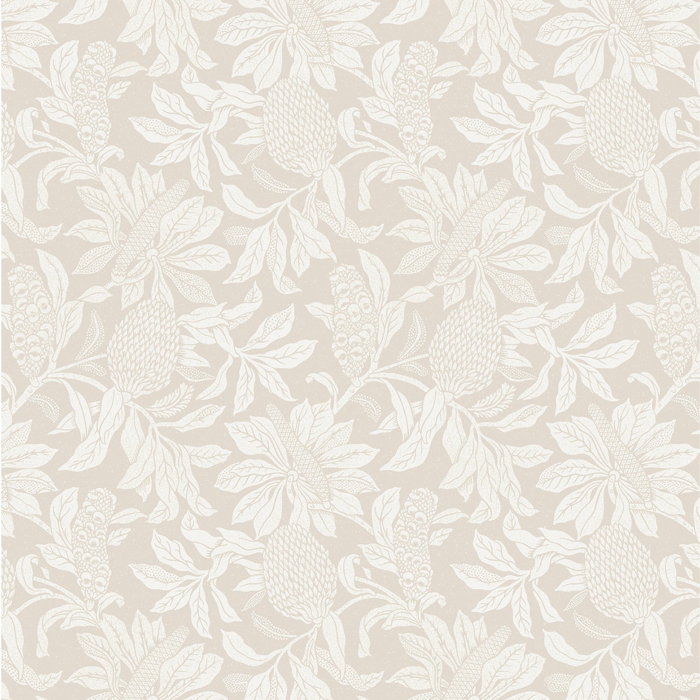 Wallpaper pattern with a detailed floral pattern in cream on taupe. 