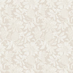 Wallpaper pattern with a detailed floral pattern in cream on taupe. 