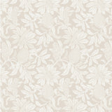 Wallpaper pattern with a detailed floral pattern in cream on taupe. 