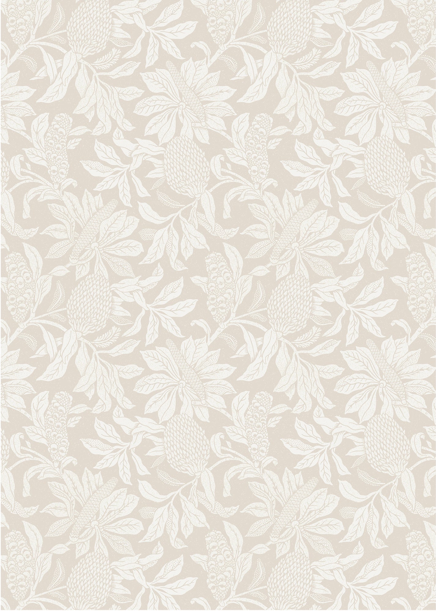 Wallpaper pattern with a detailed floral pattern in cream on taupe. 