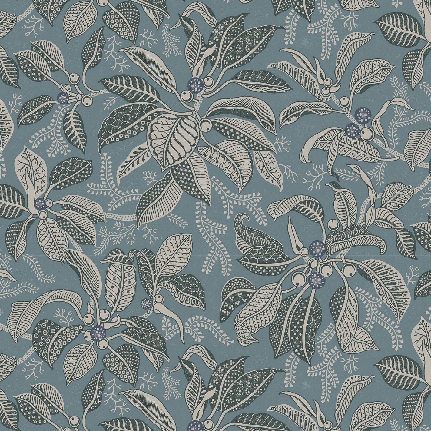 Wallpaper pattern with a detailed floral pattern in slate blue and ecru on a chambray blue field. 