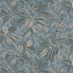 Wallpaper pattern with a detailed floral pattern in slate blue and ecru on a chambray blue field. 