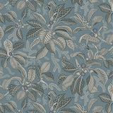 Wallpaper pattern with a detailed floral pattern in slate blue and ecru on a chambray blue field. 