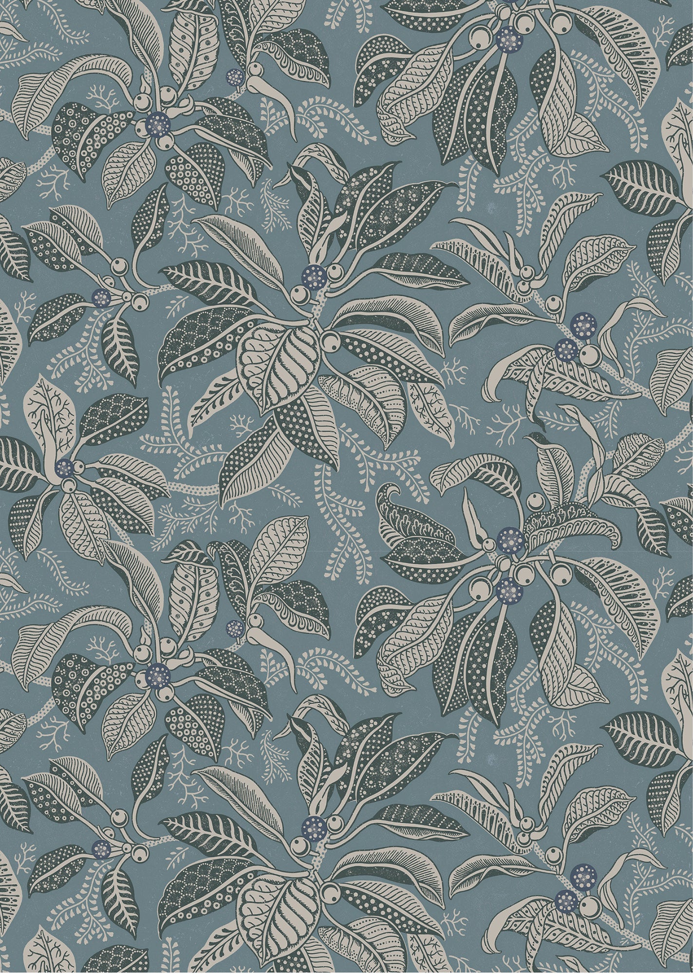 Wallpaper pattern with a detailed floral pattern in slate blue and ecru on a chambray blue field. 