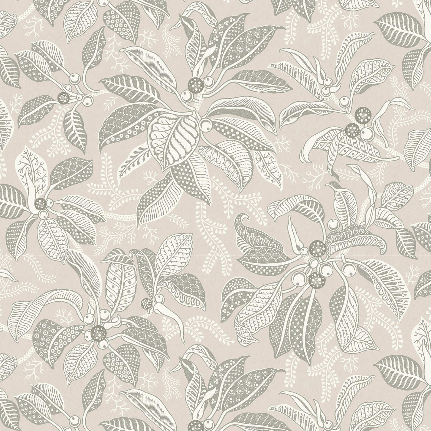 Wallpaper pattern with a detailed floral pattern in taupe and cream on an ecru field.