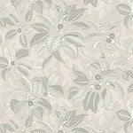 Wallpaper pattern with a detailed floral pattern in taupe and cream on an ecru field.