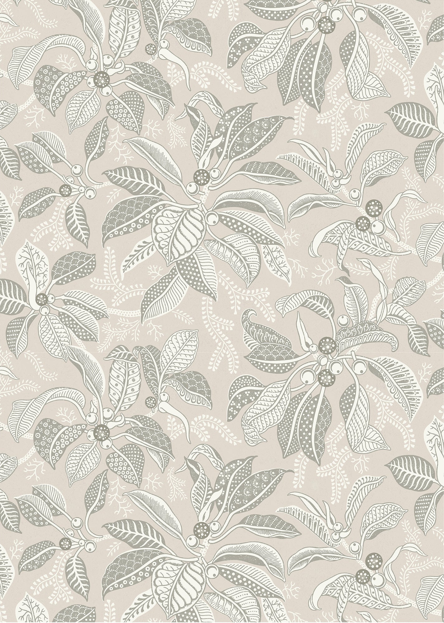 Wallpaper pattern with a detailed floral pattern in taupe and cream on an ecru field.