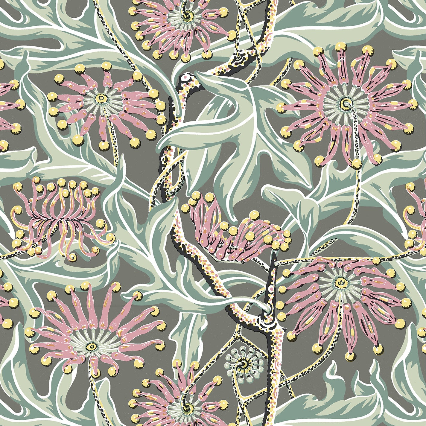 Wallpaper in a complex botanical floral design in pink, taupe, soft green and yellow. 