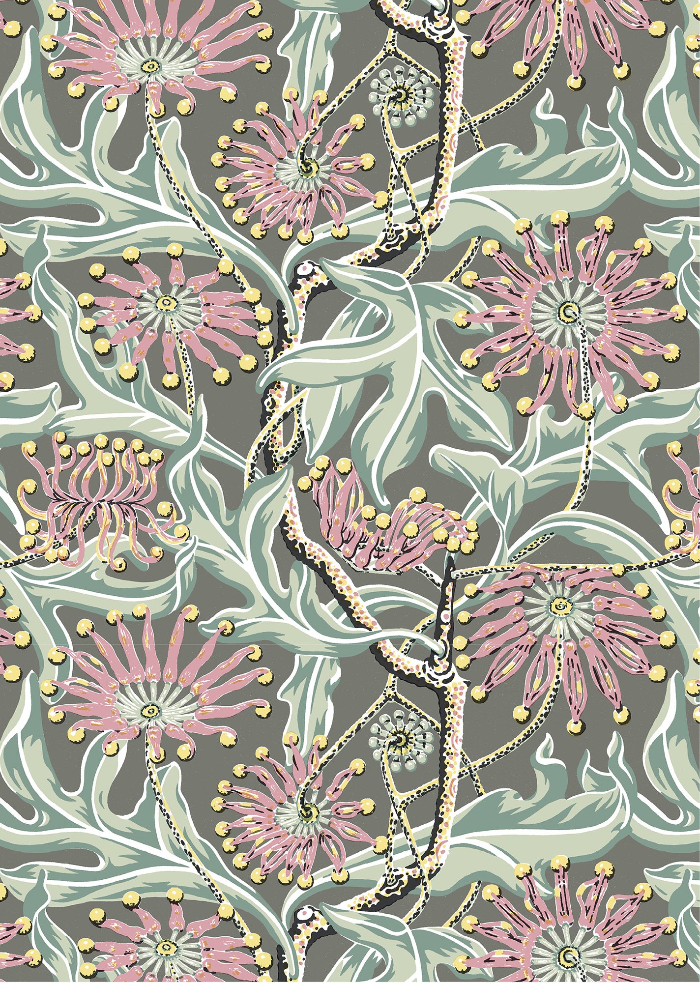 Wallpaper in a complex botanical floral design in pink, taupe, soft green and yellow. 