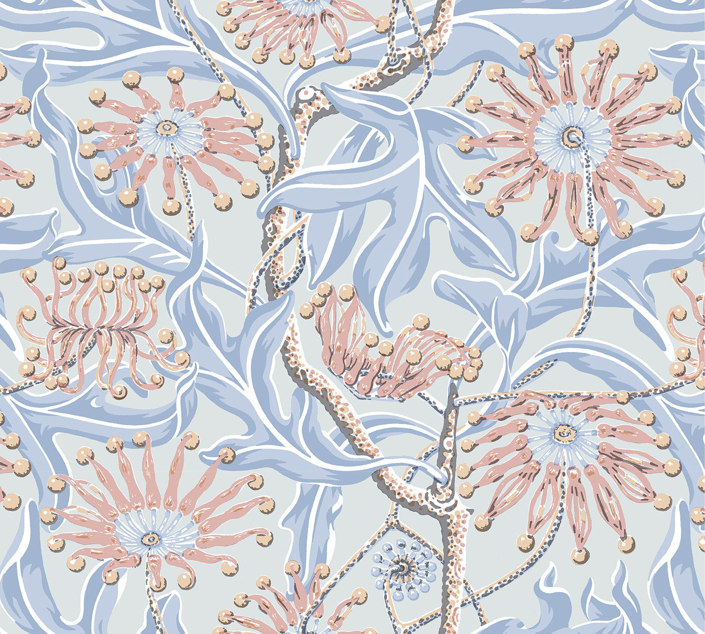 Wallpaper in a complex botanical floral design in pink, soft shades of blue with a yellow accent. 