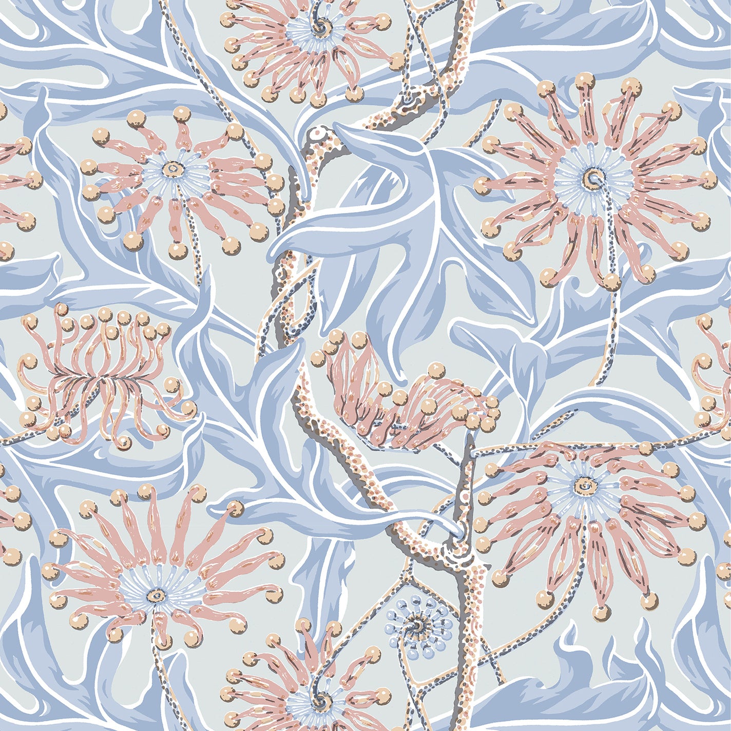 Wallpaper in a complex botanical floral design in pink, soft shades of blue with a yellow accent. 