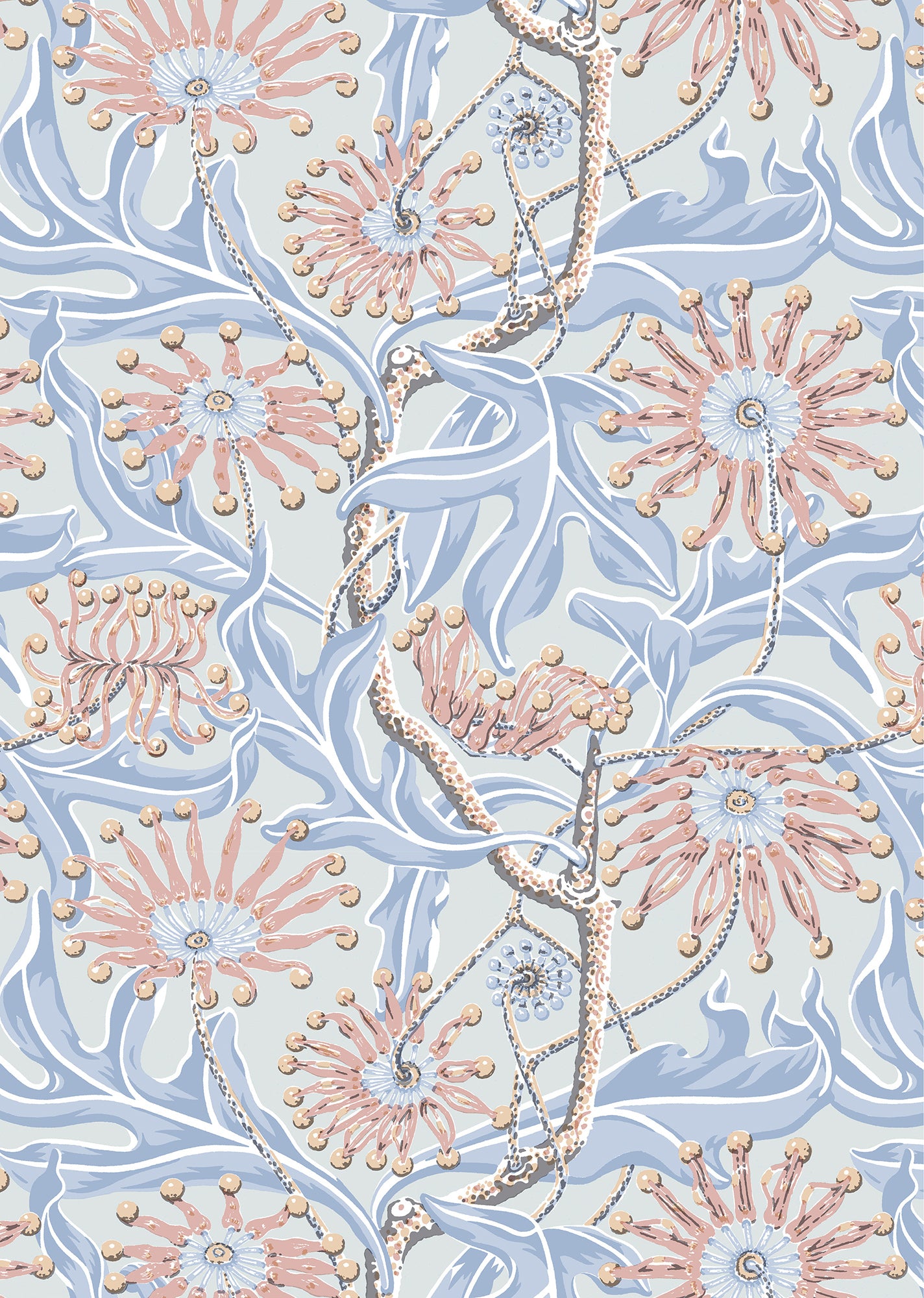 Wallpaper in a complex botanical floral design in pink, soft shades of blue with a yellow accent. 