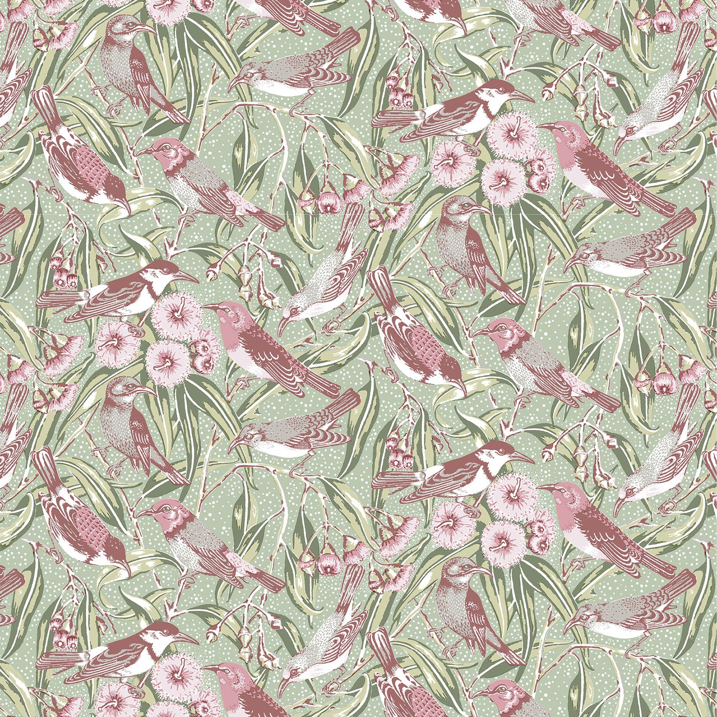 Wallpaper in a dense pattern of song birds in shades of pink and red against leaves in greens. 