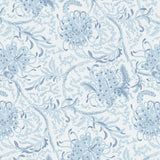 Wallpaper in a complex botanical floral design in tonal shades of pale blue. 