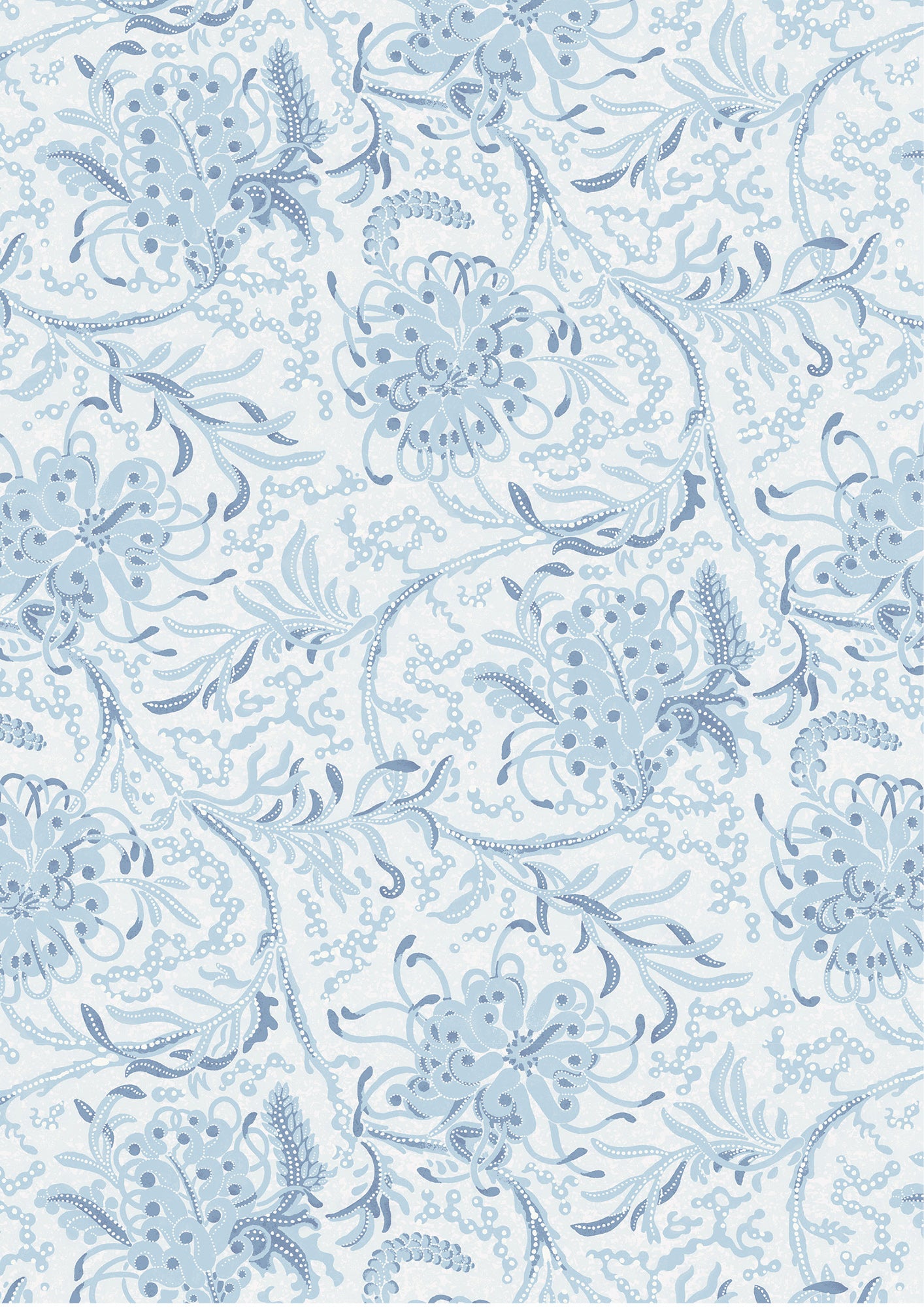 Wallpaper in a complex botanical floral design in tonal shades of pale blue. 