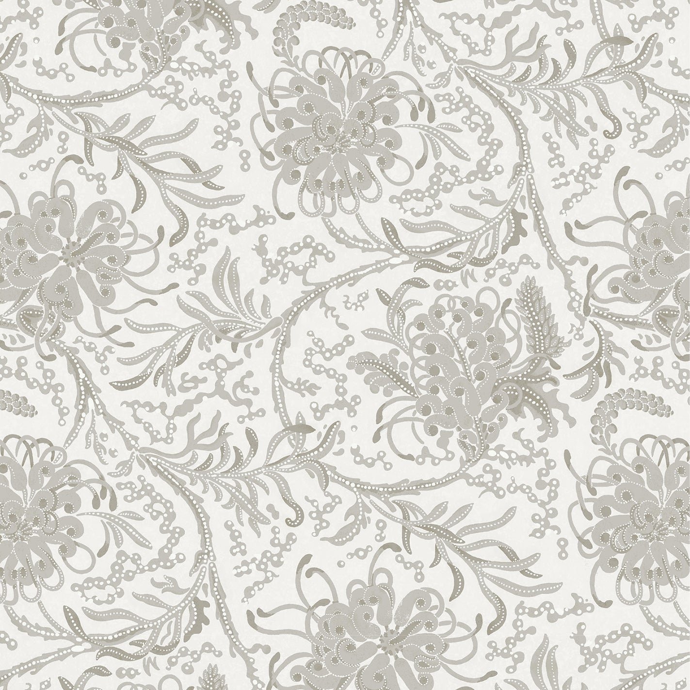 Wallpaper in a complex botanical floral design in tonal shades of taupe and ecru. 