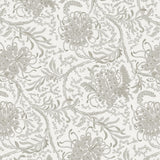 Wallpaper in a complex botanical floral design in tonal shades of taupe and ecru. 