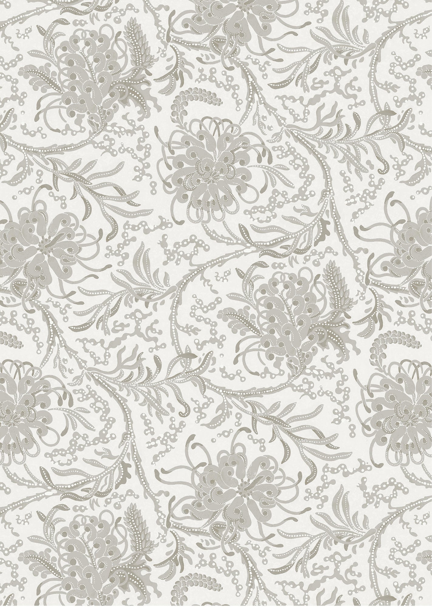 Wallpaper in a complex botanical floral design in tonal shades of taupe and ecru. 