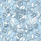 Wallpaper in a hand sketched botanical floral design in tonal shades of pale blue. 