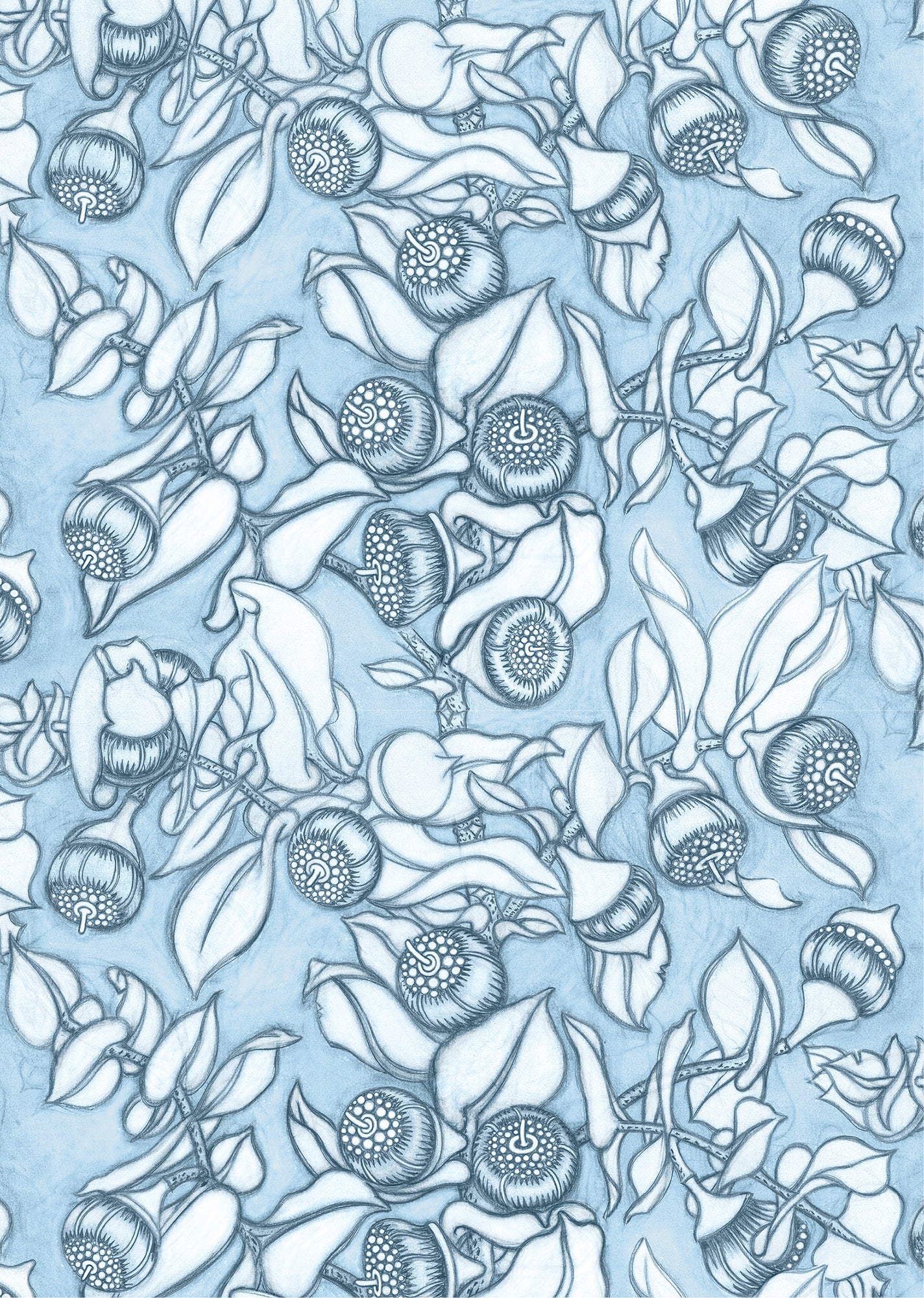 Wallpaper in a hand sketched botanical floral design in tonal shades of pale blue. 