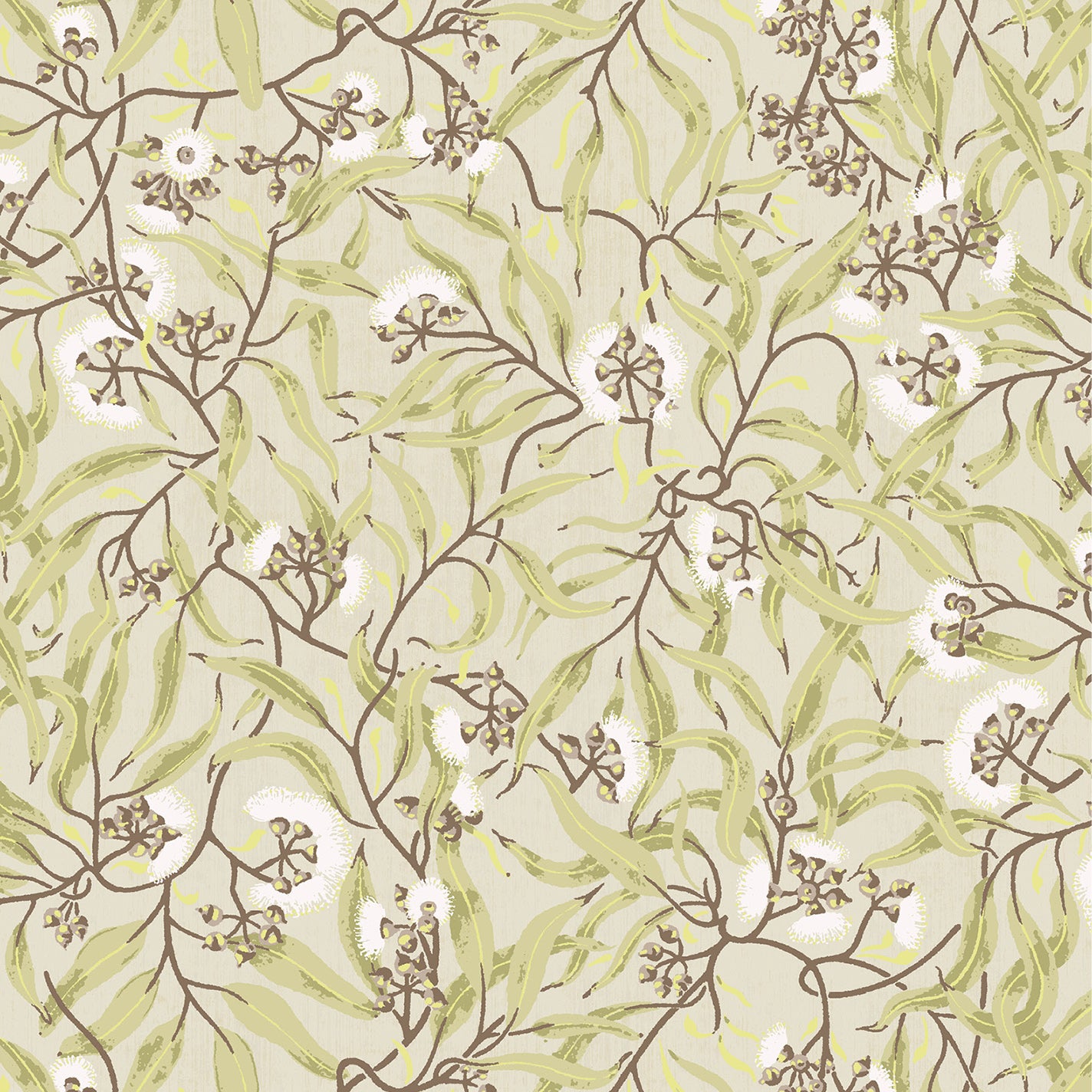 Wallpaper in a climbing vine floral design in tonal shades of pastel green and yellow and white. 