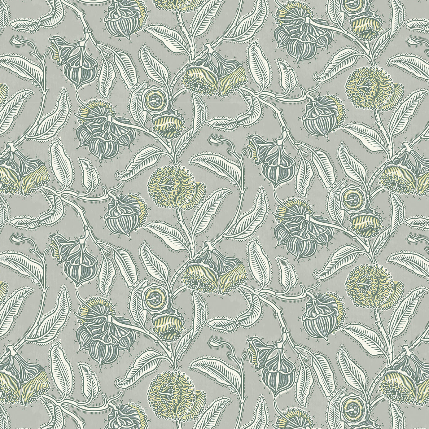 Wallpaper in a leave and bloom  design in yellow, green and cream against a taupe field. 