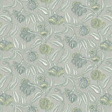 Wallpaper in a leave and bloom  design in yellow, green and cream against a taupe field. 