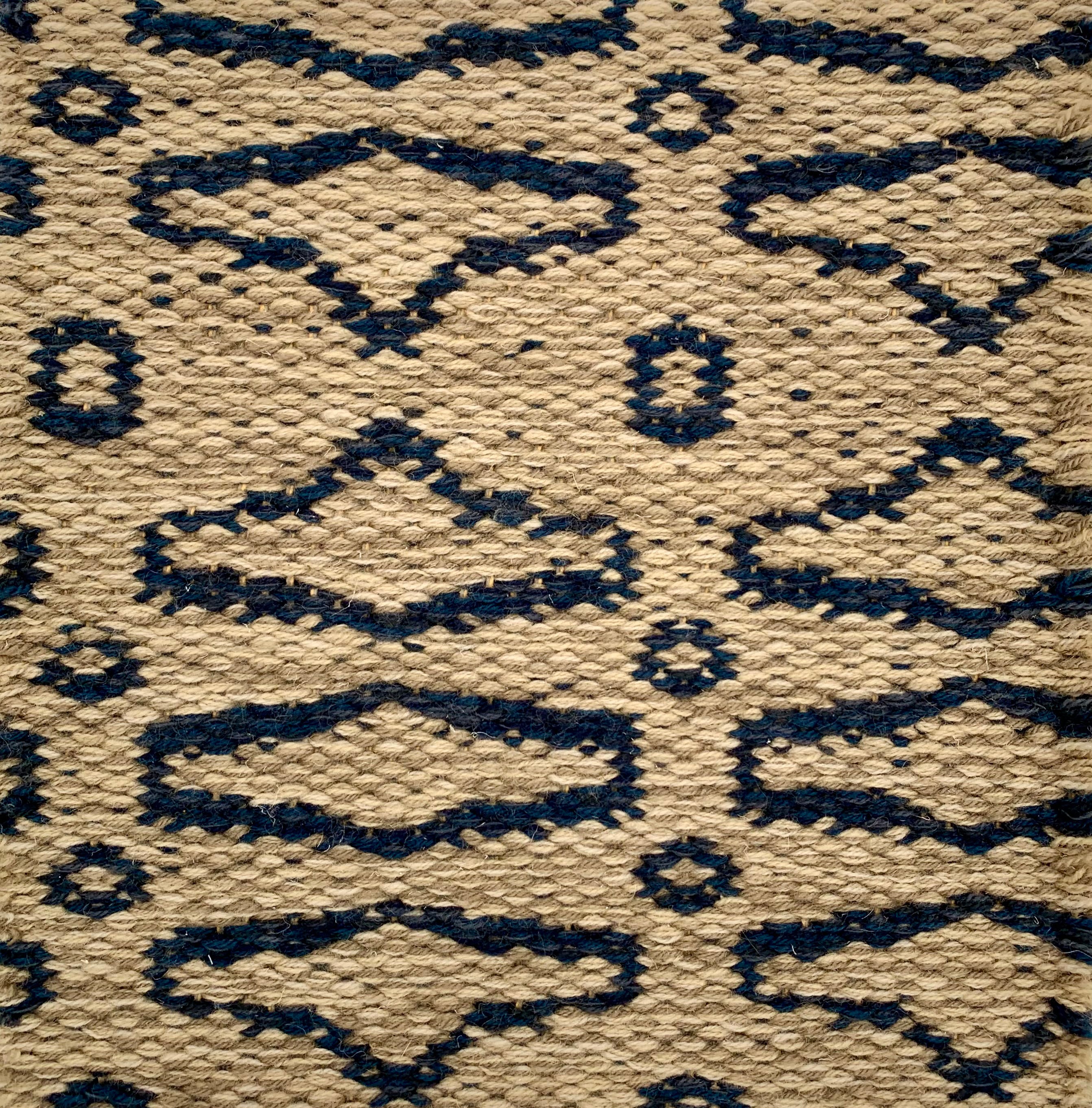 Handwoven rug detail in a contemporary design in blue and tan