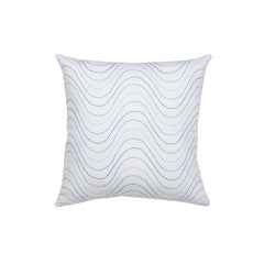 Square throw pillow with an undulating embroidery pattern in shades of blue on a white field.