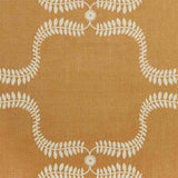 Detail of fabric in a leafy lattice print in cream on a burnt orange field.