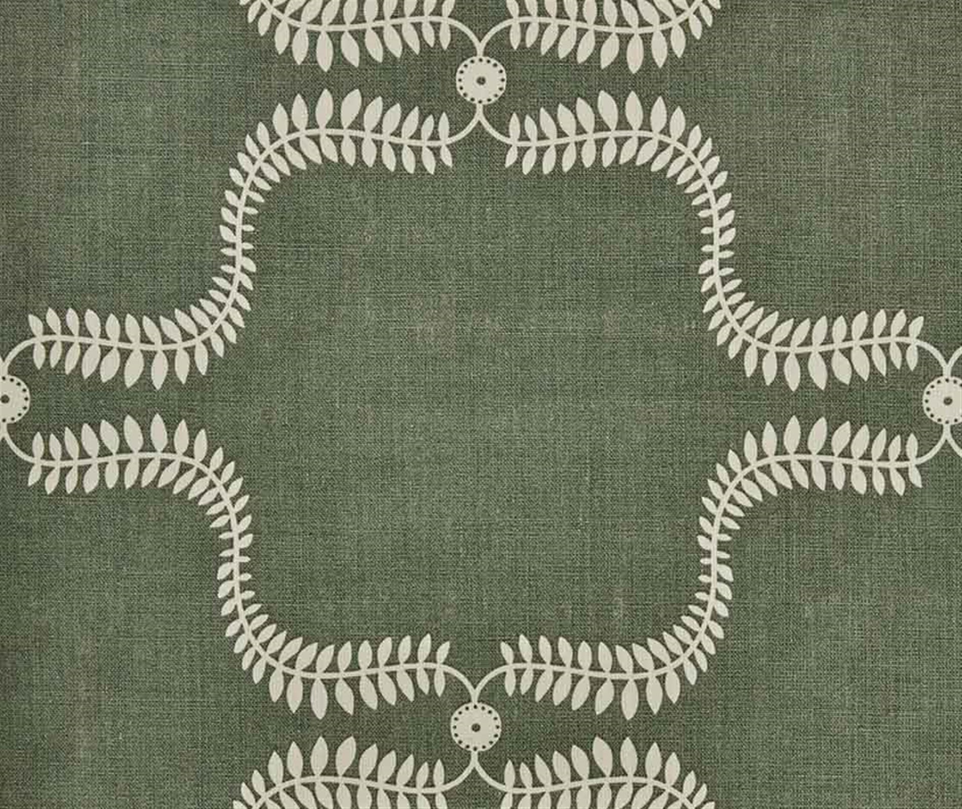 Detail of fabric in a leafy lattice print in cream on a hunter green field.