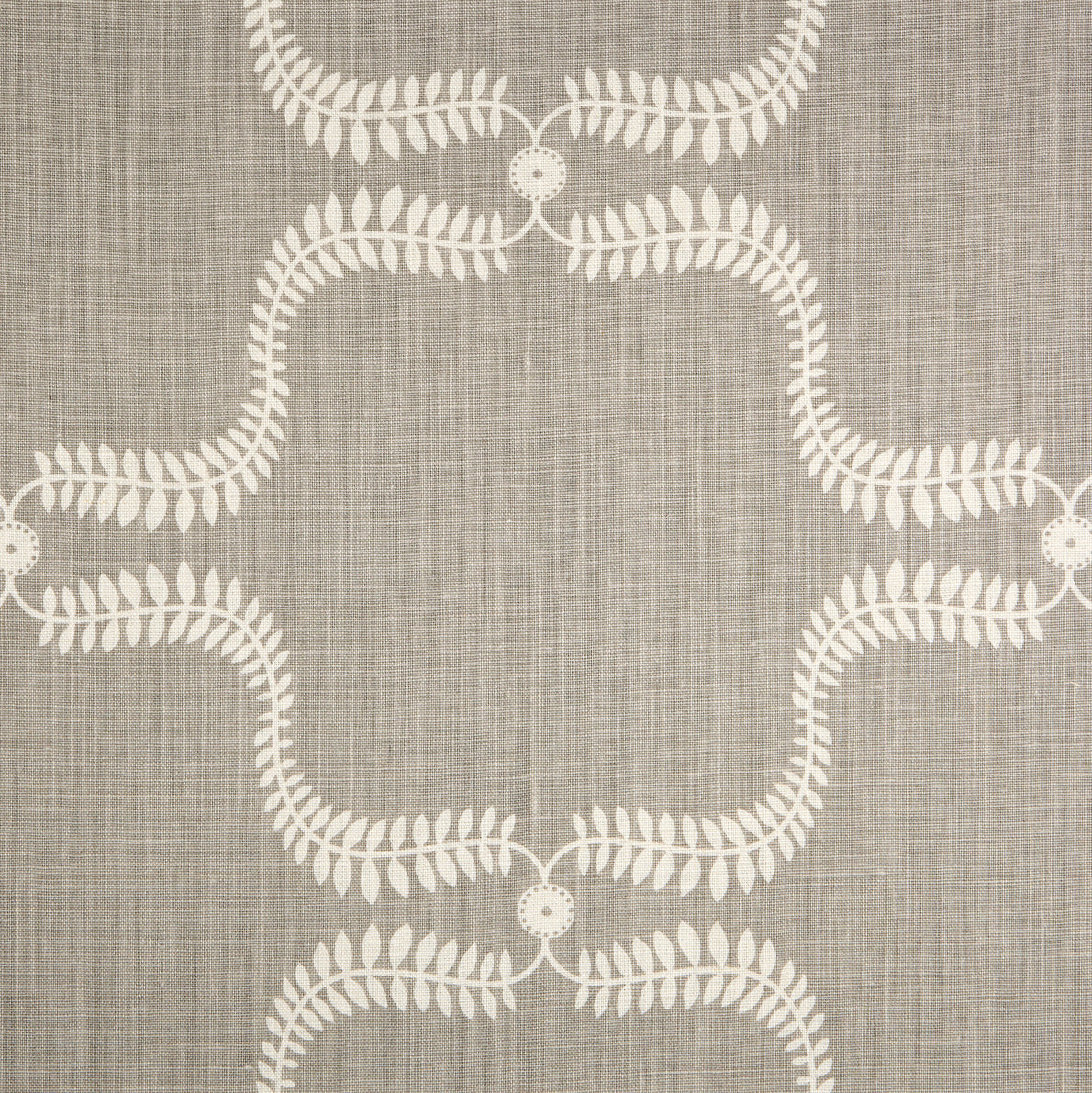 Detail of fabric in a leafy lattice print in cream on a light brown field.