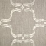 Detail of fabric in a leafy lattice print in cream on a light brown field.