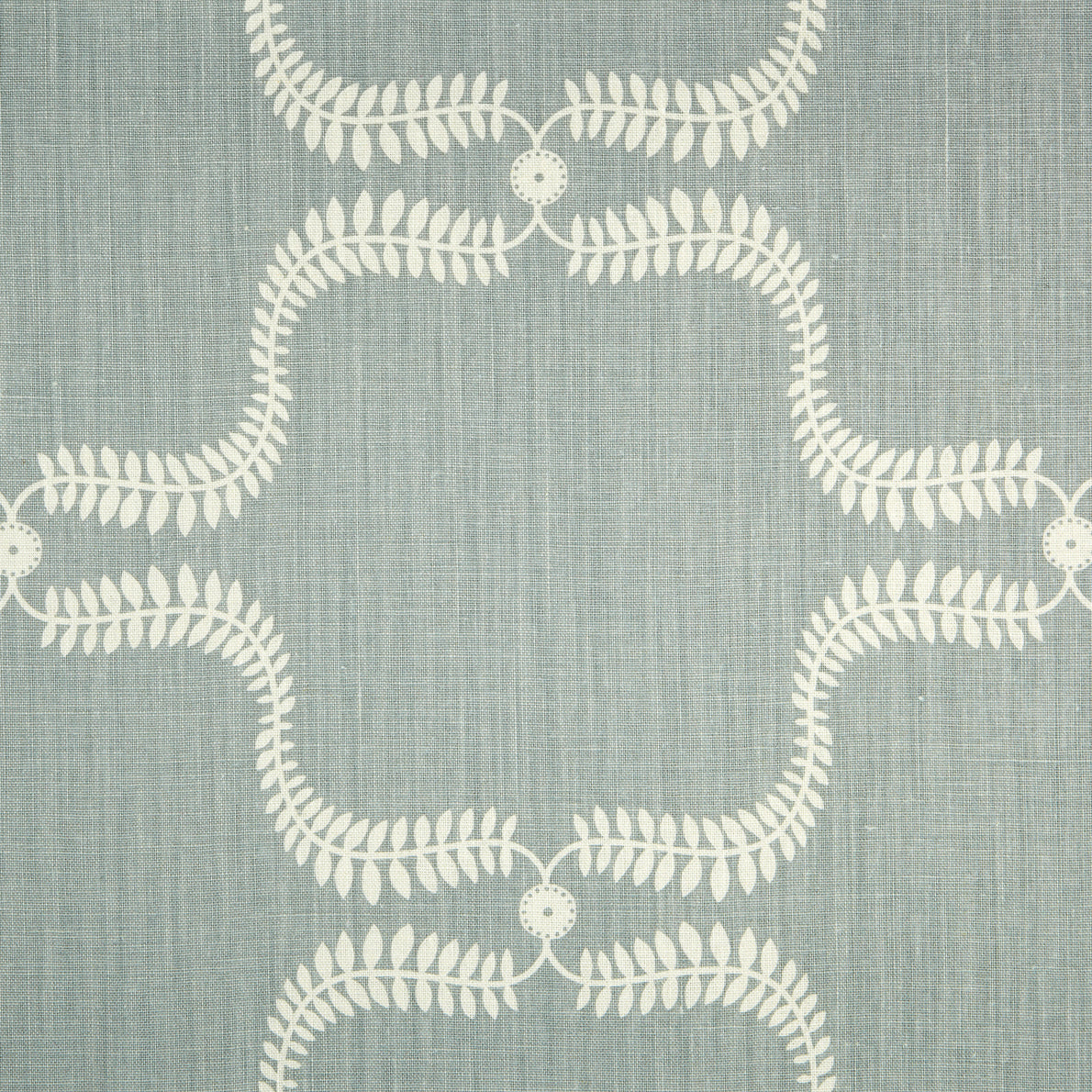 Detail of fabric in a leafy lattice print in cream on a blue-gray field.