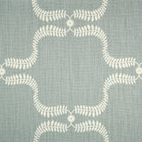 Detail of fabric in a leafy lattice print in cream on a blue-gray field.