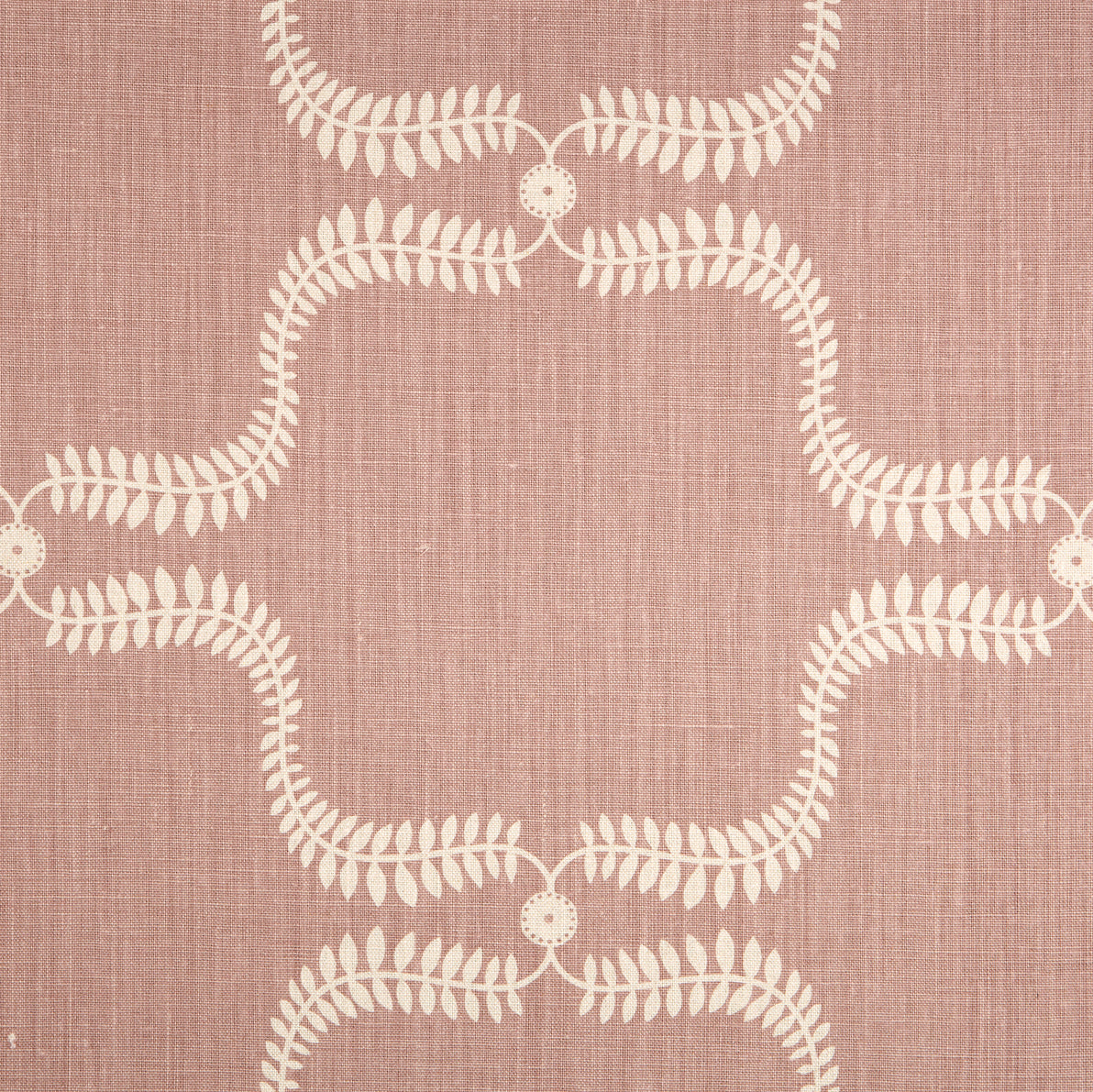 Detail of fabric in a leafy lattice print in cream on a pink field.