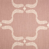 Detail of fabric in a leafy lattice print in cream on a pink field.