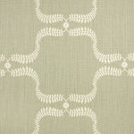 Detail of fabric in a leafy lattice print in cream on a gray field.