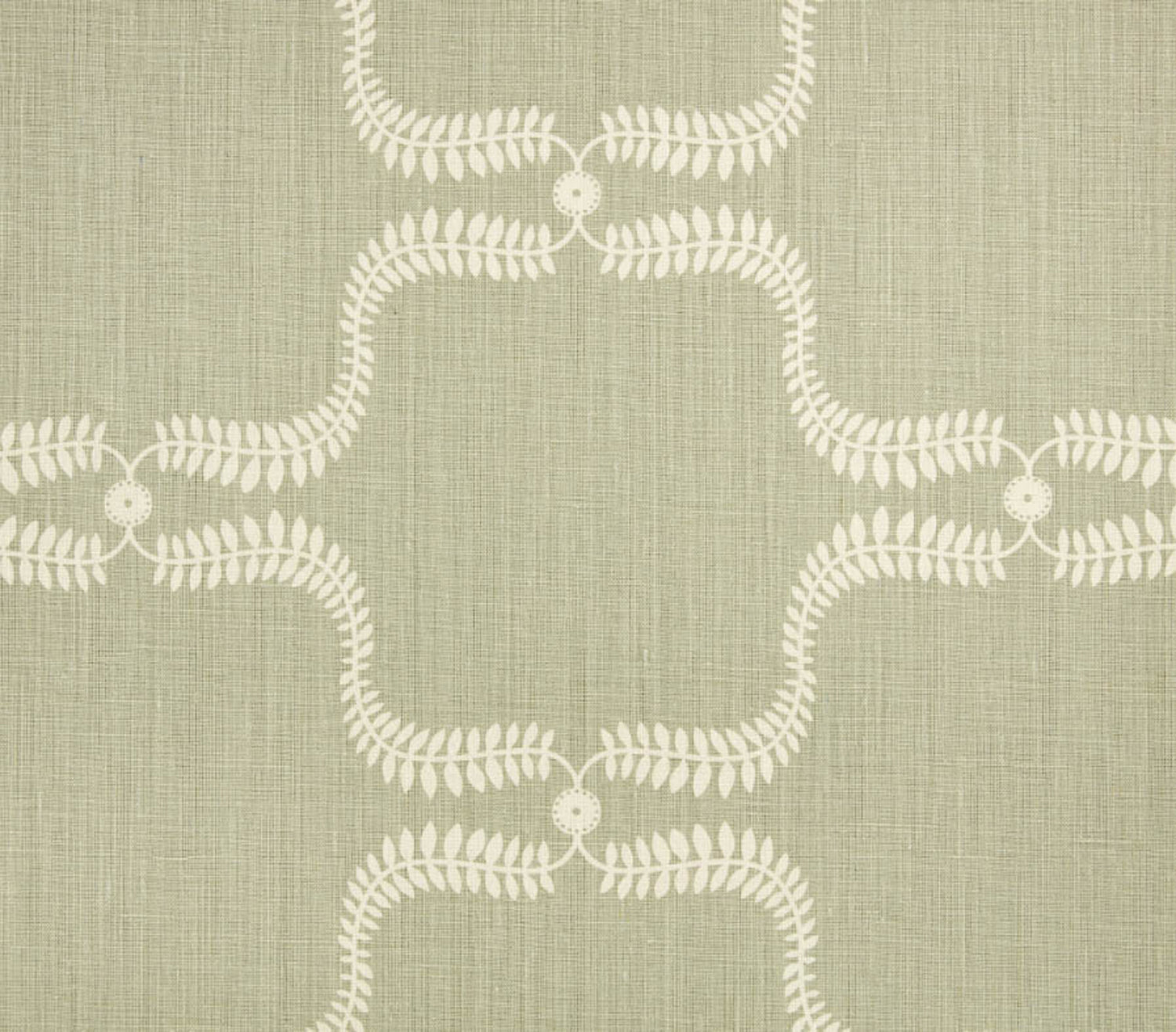 Detail of fabric in a leafy lattice print in cream on a gray field.