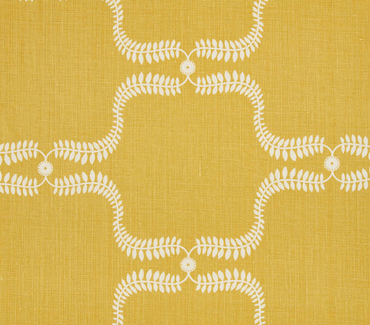 Detail of fabric in a leafy lattice print in white on a mustard field.