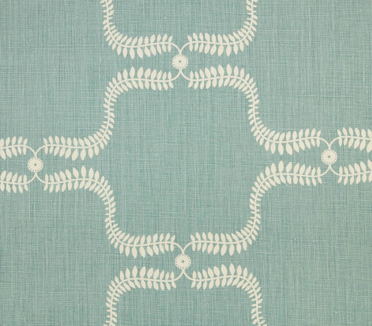 Detail of fabric in a leafy lattice print in cream on a light turquoise field.