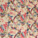 Printed fabric in a lyrical jungle design with tropical birds and leafy branches in pink, tan, blue and yellow on a beige field.