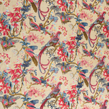 Printed fabric in a lyrical jungle design with tropical birds and leafy branches in pink, tan, blue and yellow on a beige field.