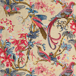 Printed fabric detail in a lyrical jungle design with tropical birds and leafy branches in pink, tan, blue and yellow on a beige field.